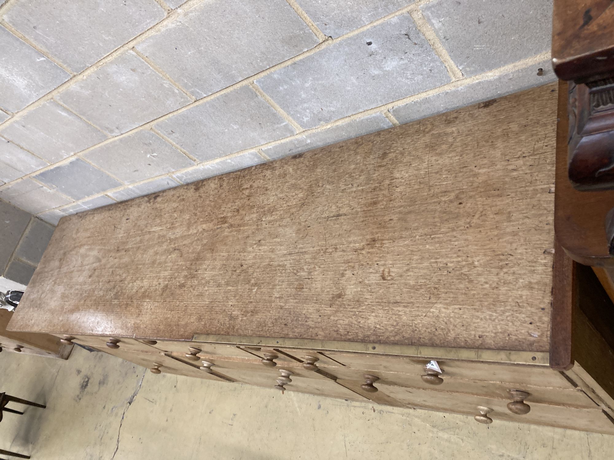A Victorian pine haberdashery counter, length 232cm, depth 58cm, height 85cm